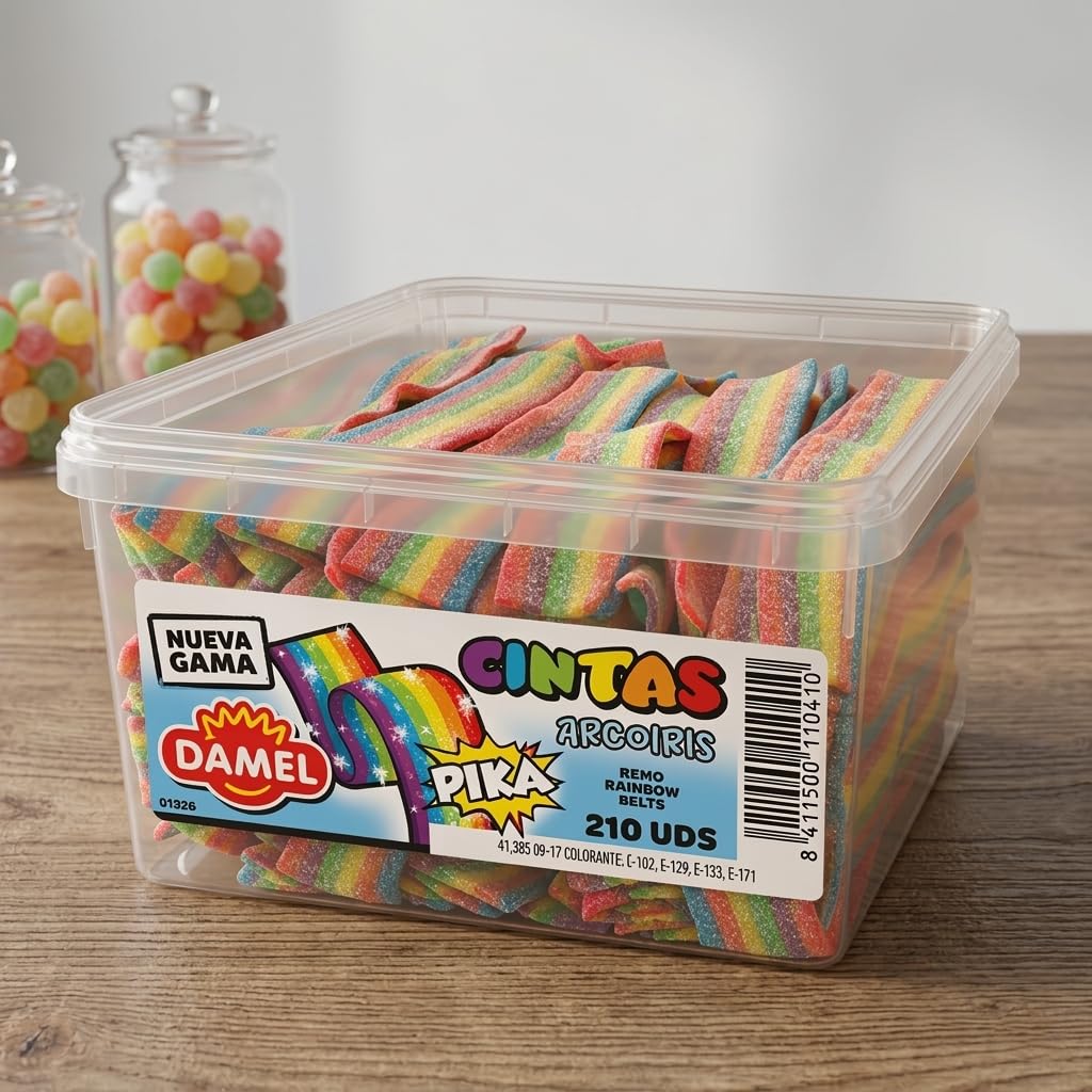 Regaliz Lenguas Damel – 210 Unidades | Dulces y Ácidas – Explosión de Sabor Arcoíris, Fresa, Cola, Frambuesa y Manzana | Ideal para Compartir, Decoración y Manualidades (Arcoiris)