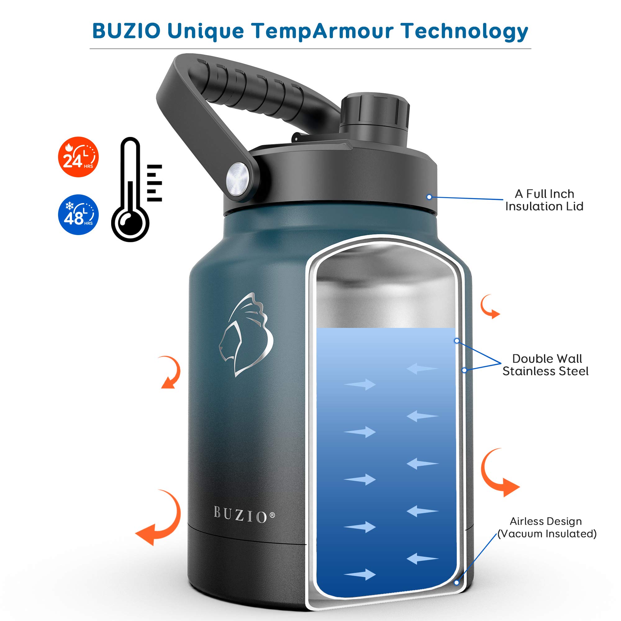 BUZIO Half Gallon Insulated Water Jug, 84oz Stainless Steel Water Bottle Growler, Double Walled Vaccum Jug with Carry Pouch Beer Cups, Keep Cold 48hrs Big Metal Flask Canteen, Indigo Crush
