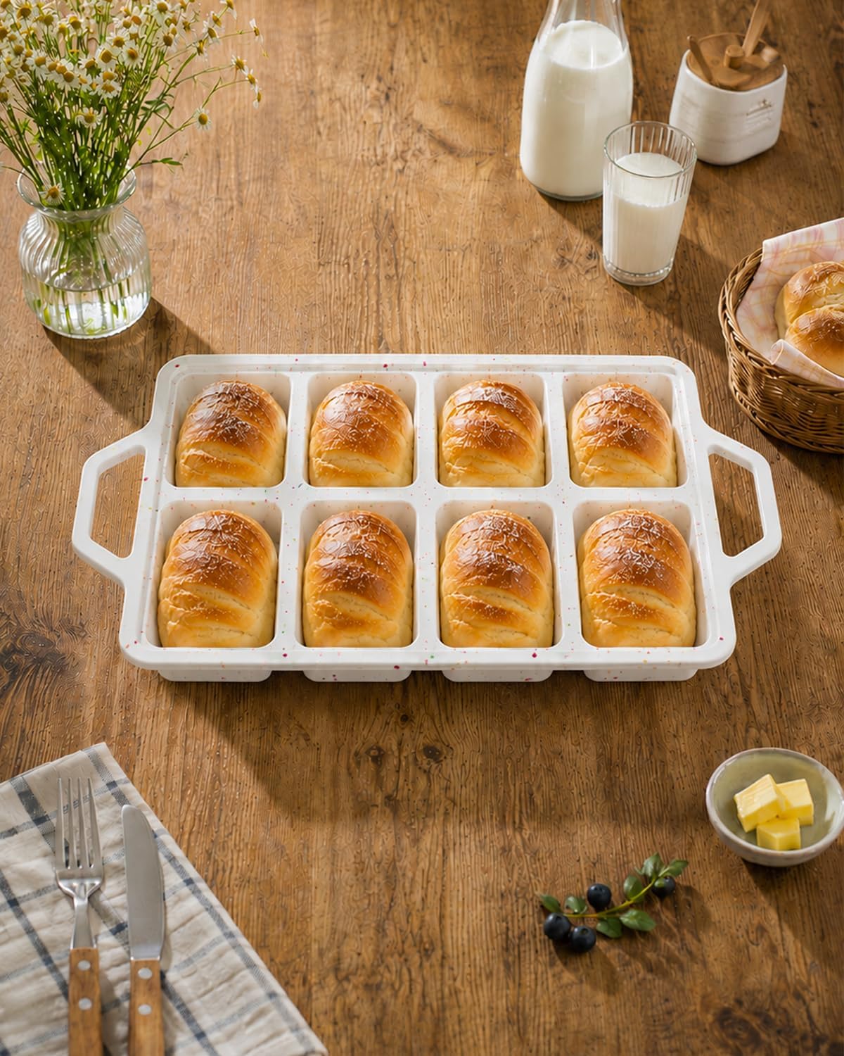 RAYBIN 2 Pack Silicone Mini Loaf Pans, 8 Cavity Baking Pan with Metal Frame