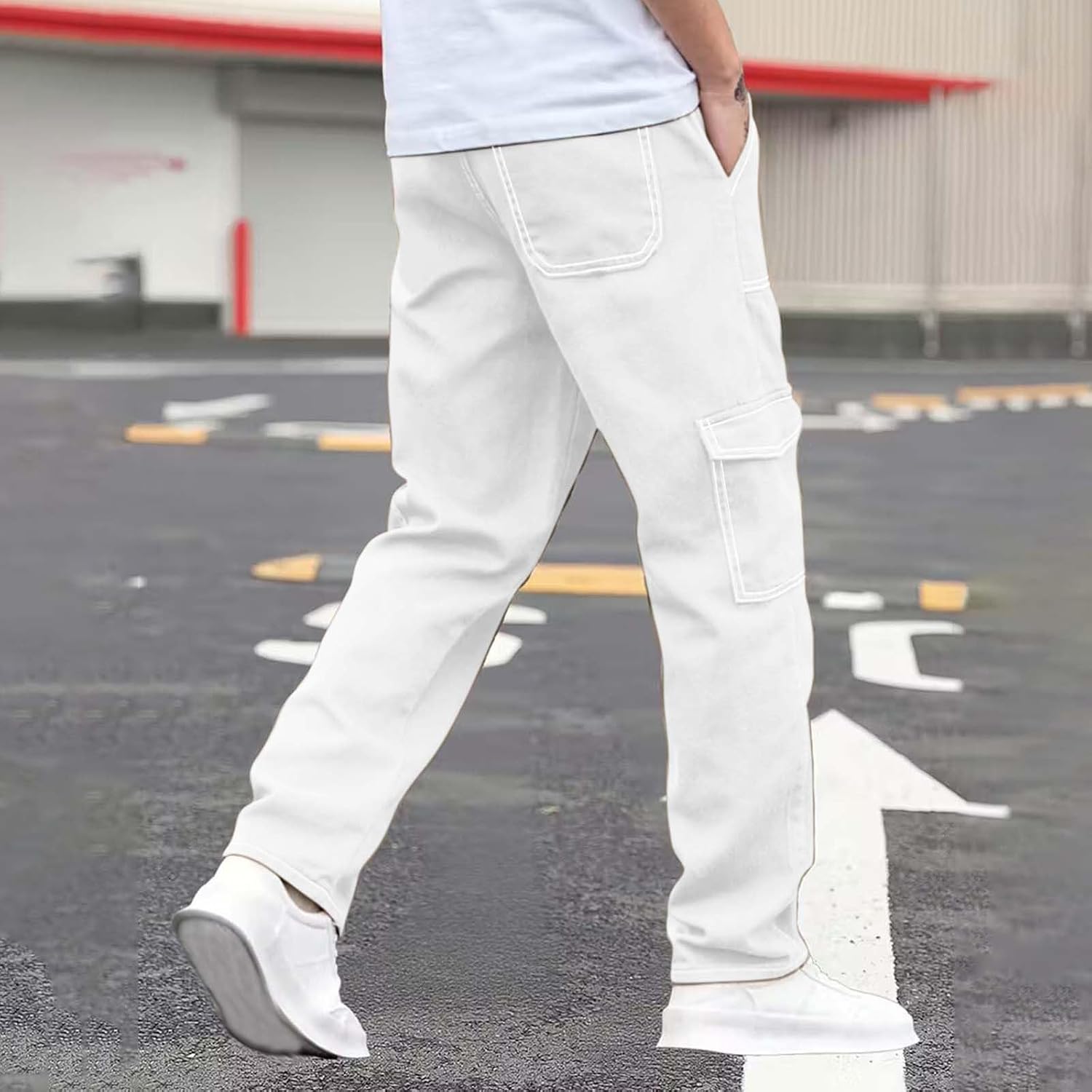 Men Cargo Pants Casual Straight Leg Pants Drawstring Elastic Waist Pant Athletic Hiking Sweatpant with Flap Pocket