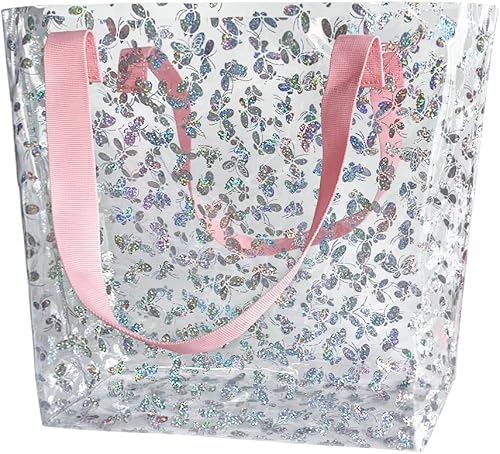 Holographic Clear Tote Bag, Waterproof Beach Bag with Pink Handles, Large 11.8"x12.2"x4.3", TSA Compliant
