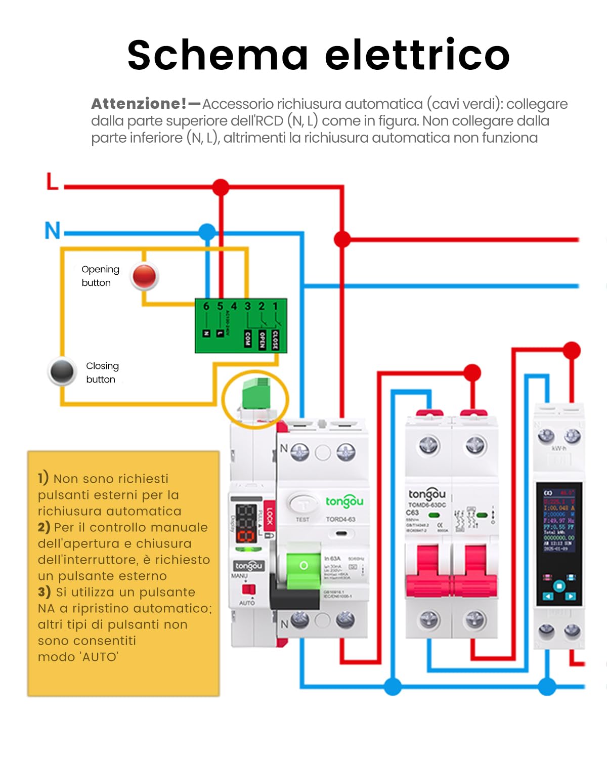 TONGOU Salvavita a Riarmo Automatico Tipo A 30mA con Display Digitali a Conto alla Rovescia - Interruttore Differenziale Riarmo Automatico 40A 230V - 3 Moduli