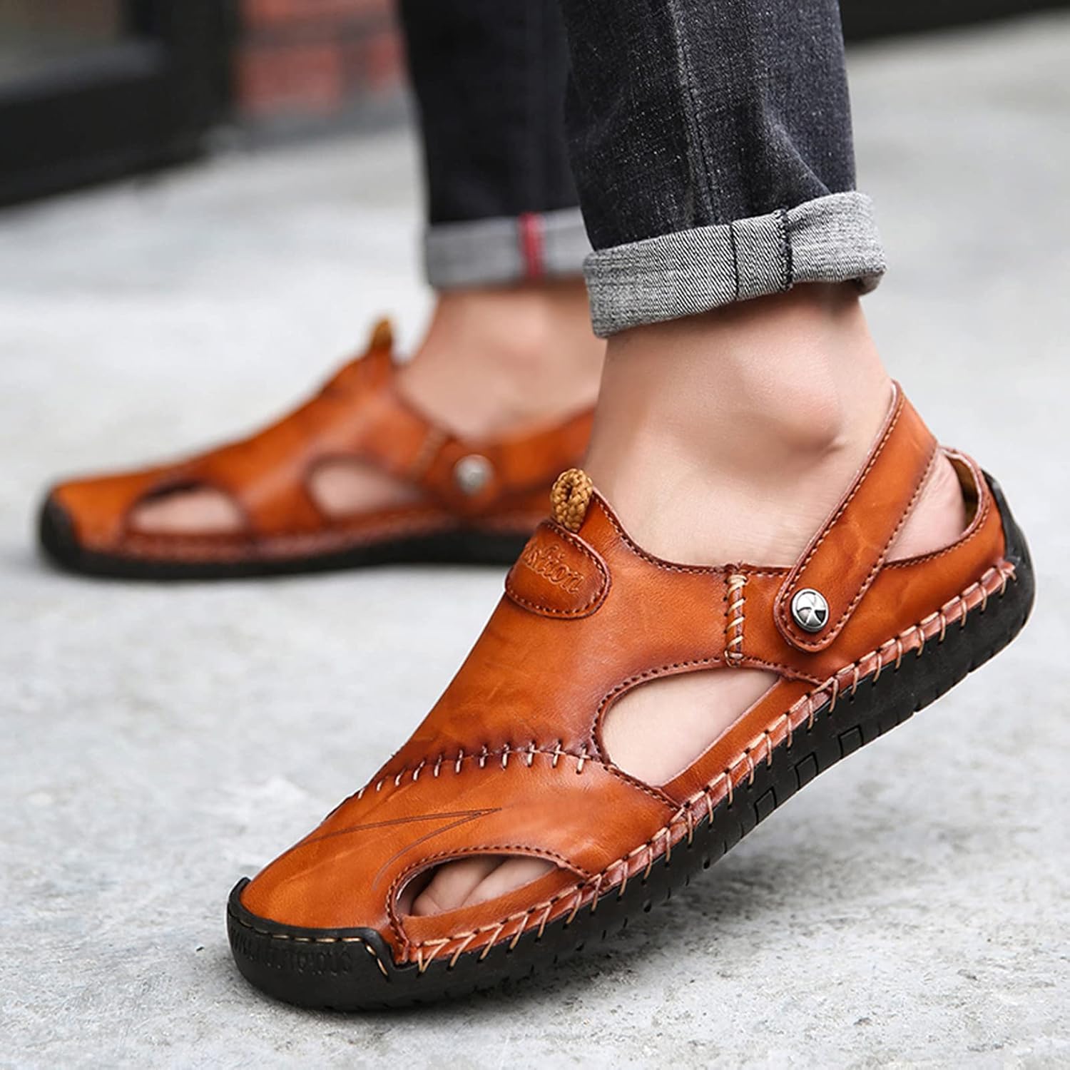 Honeystore Men's Leather Hollow Athletic Sandals Slip-on Roman Casual Shoes - Image 2