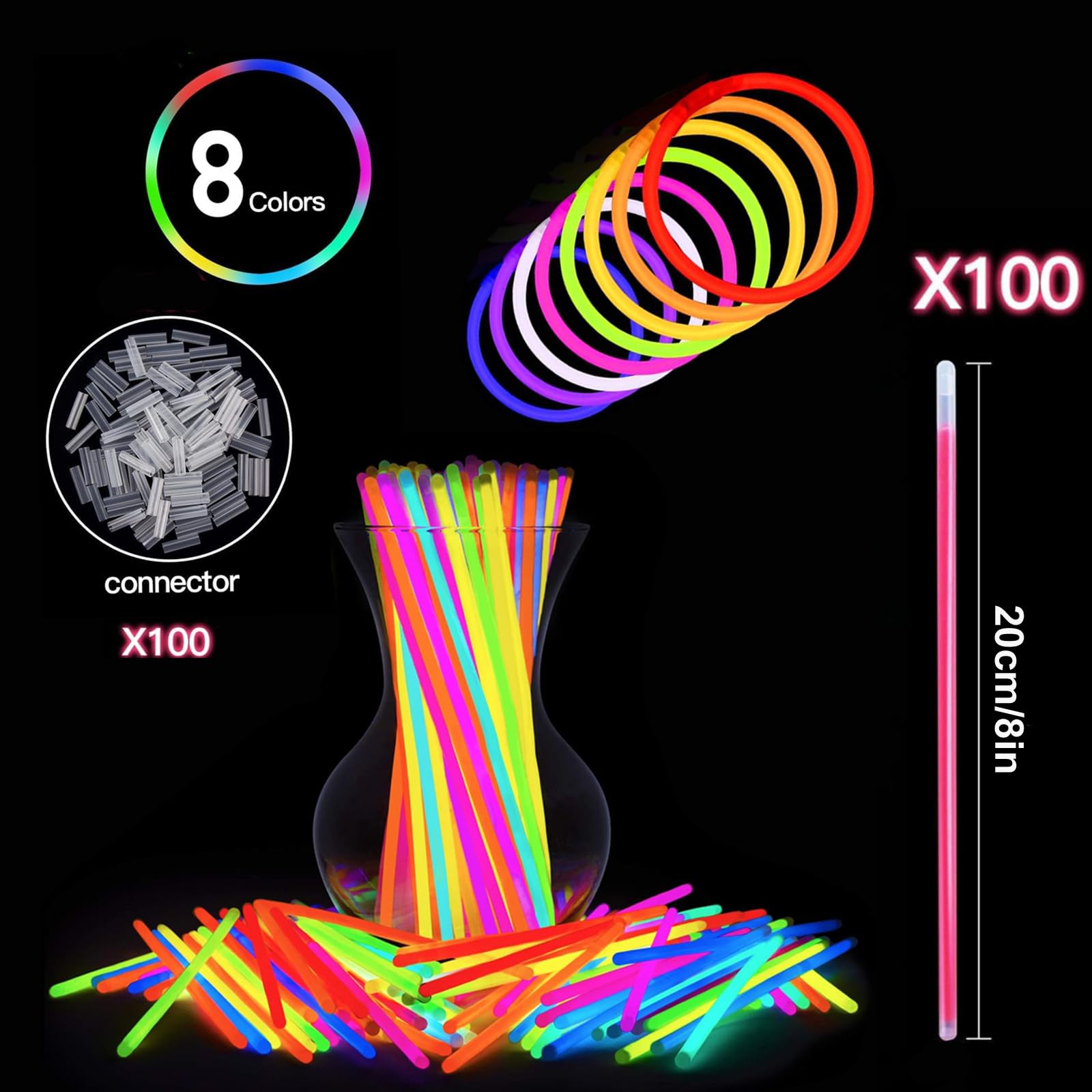 100pcs Glow Sticks Party Pack,20cm Glowsticks Glow Bracelets Necklaces for Adults and Kids,Neon Glow Sticks with Connectors Glow in the Dark for Glastonbury Festival Halloween - Image 2