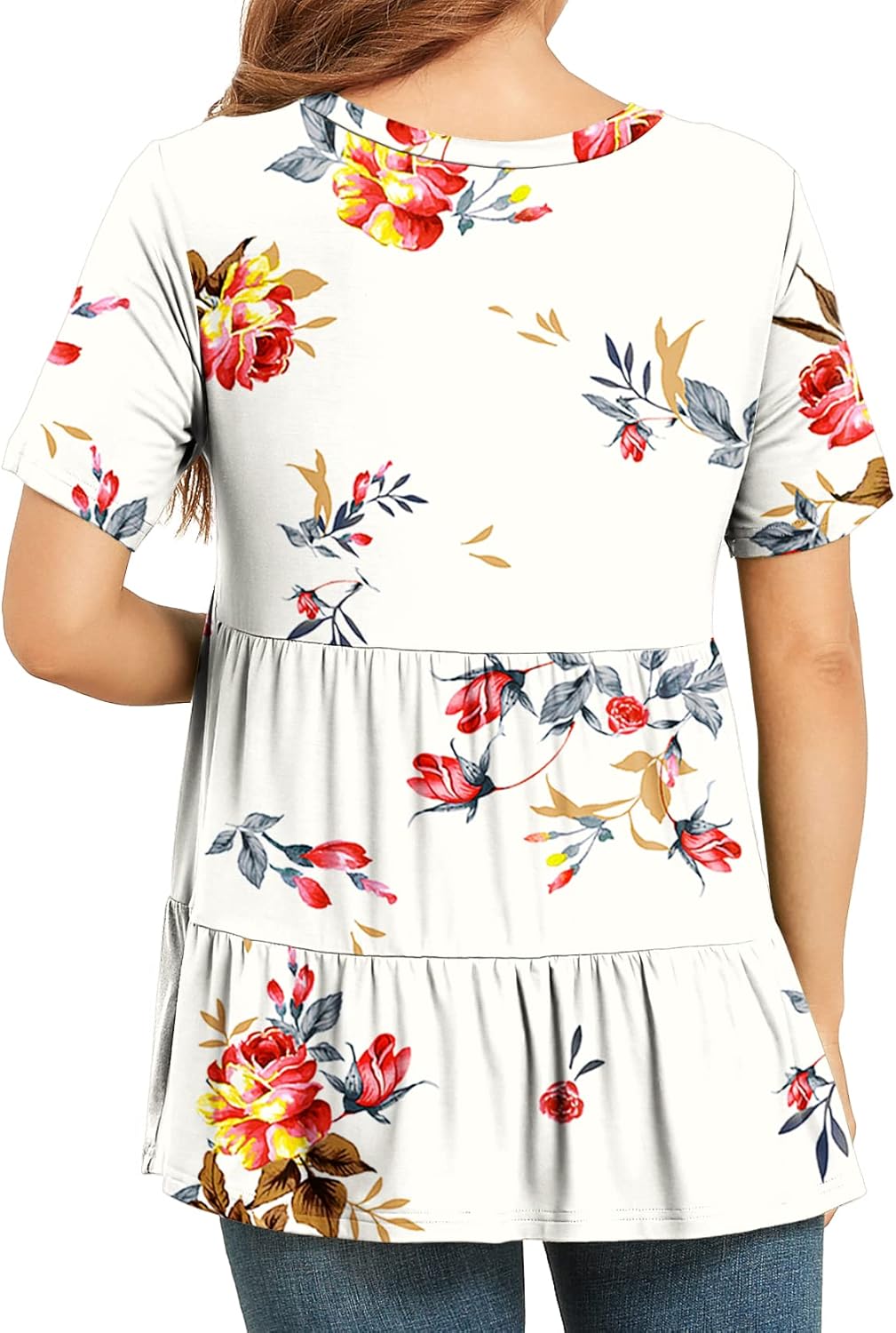Xpenyo Women Tiered Maternity Top Fashion Short Sleeve Casual Pregnancy Blouse Shirts Rose Flowers White M - Image 5