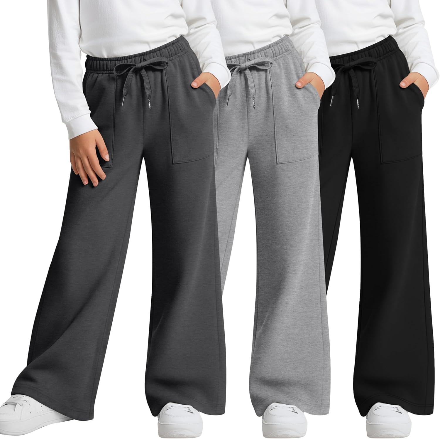3 Pack Girls' Sweatpants Wide Leg Drawstring Cargo Kids Joggers Open Bottom Loose Teen Pants with Pockets Sports