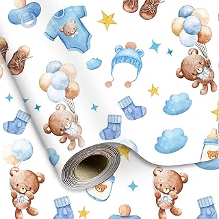 JarThenaAMCS Bear Baby Boy Wrapping Paper -Mini Roll- 17 Inch x 32.8Ft Watercolor Blue Brown Cute Balloon Bear Clothesline Gift Wrap Paper for Baby Shower Birthday Gender Reveal DIY Crafts