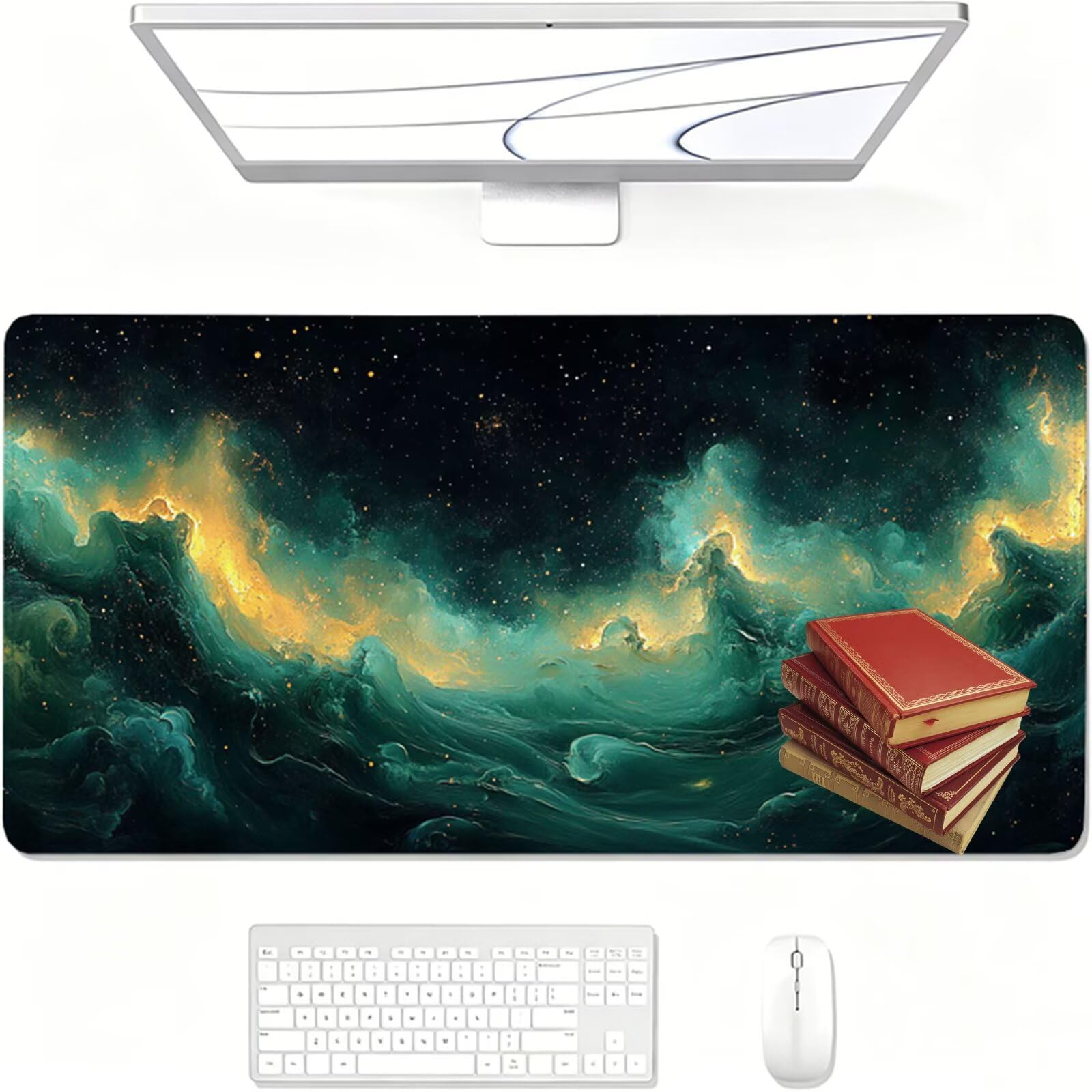 Podkładka pod mysz, 1600 x 800 x 3 mm, zielona podkładka pod mysz, duża podkładka pod mysz do gier z gwiaździstym niebem, wodoodporna, teksturowana, odporna na zużycie, zmywalna, dla graczy, domu i
