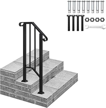 Wrought Iron Handrail Fits 1 to 2 Steps, Outdoor Rail Stair Railing Banister Safety Grab Rail Mobility Floor Mount Railing for Stairs, Garden, House Entrance, Parapet, Balcony