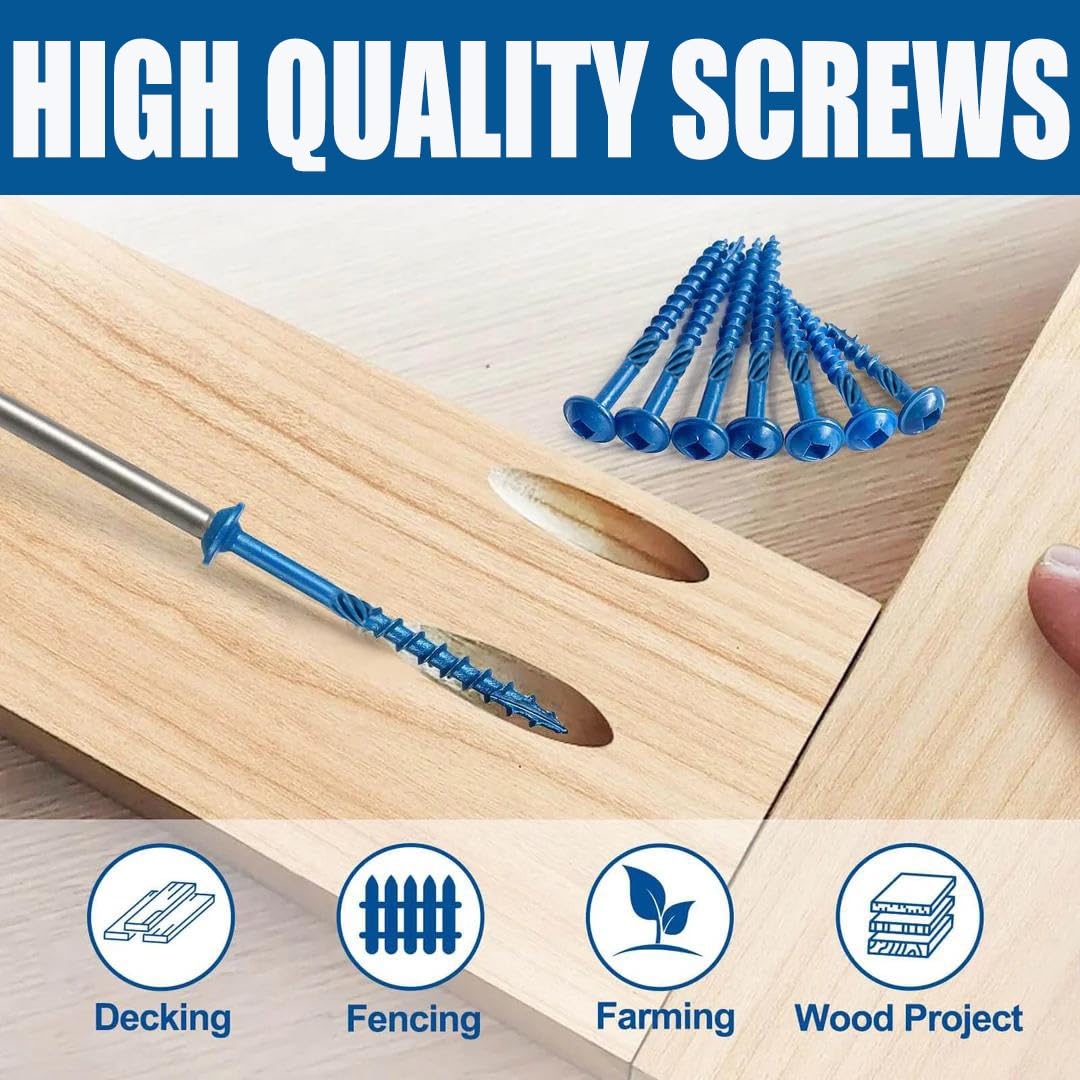 Pocket Hole Screws 1-1/2 Inch, 300 PCS Exterior Pocket Screw #8 x1-1/2, Coarse Thread, Square Drive, Washer Head, Blue Coated Weather Resistant, 150MM Drive Bit Included