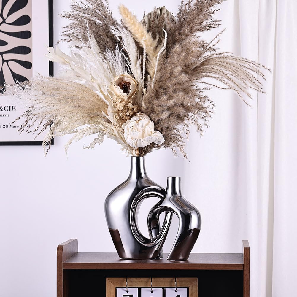 Juego de 2 jarrones de cerámica Huecos Plateados, jarrones Modernos de Estilo Bohemio nórdico para decoración de Bodas, Sala de Estar, Oficina, Entrada, centros de Mesa de Comedor