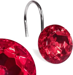Red Crystal Shower Curtain Hooks: Bling Glitter Sparkle Shiny Round Diamond Decorative Shower Curtain Hooks for Bathroom - Luxury Fancy Glam Burgundy Rhinestones Curtain Rings & Hangers - Set of 12