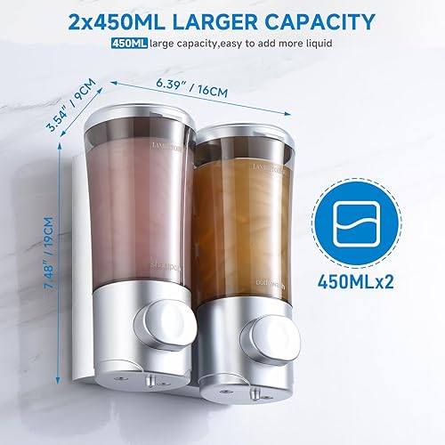 Miniatura 3 de Dispensador de champú y acondicionador, dispensador de jabón de ducha, 2 cámaras, sin taladro, dispensador de champú montado en la pared,