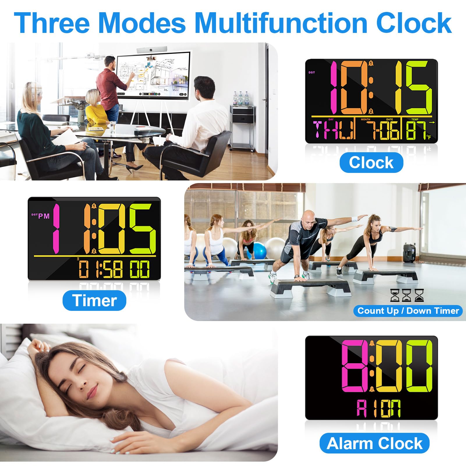 PERSUPER Reloj de pared digital grande de 13 pulgadas con control remoto, cambio de color RGB, 25 tonos de llamada, 0-100% brillo automático/personalizado, temperatura, calendario, 12/24 horas, DST,