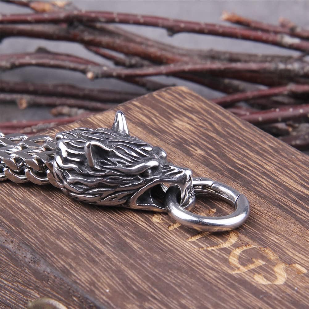 Men's Wolf Head Cuff Bracelet, Odin Wolf - Geri and Freki Solid Stainless Steel Punk Biker Curb Weave Wrist Chain Bangle Byzantine Fenrir Viking Pagan Amulet Jewelry,Style 1,21cm