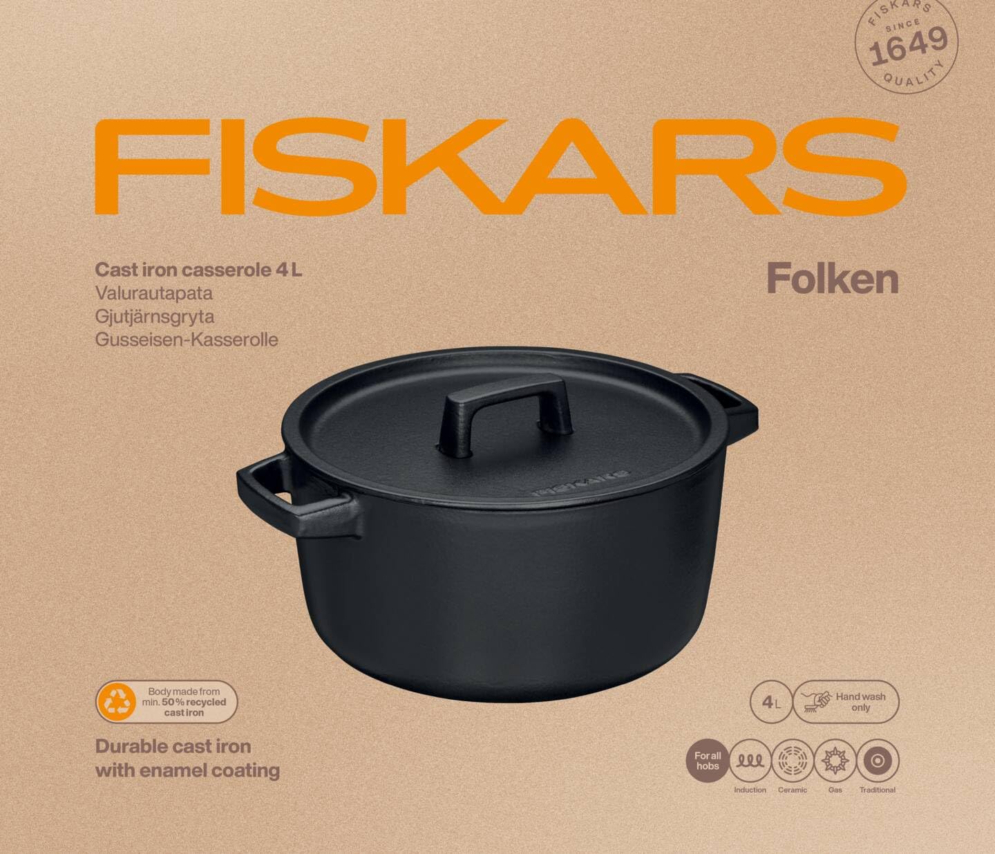 Fiskars Folken Cacerola de hierro fundido con tapa, 4 L, Esmaltada, Para todo tipo de placas, 1075698