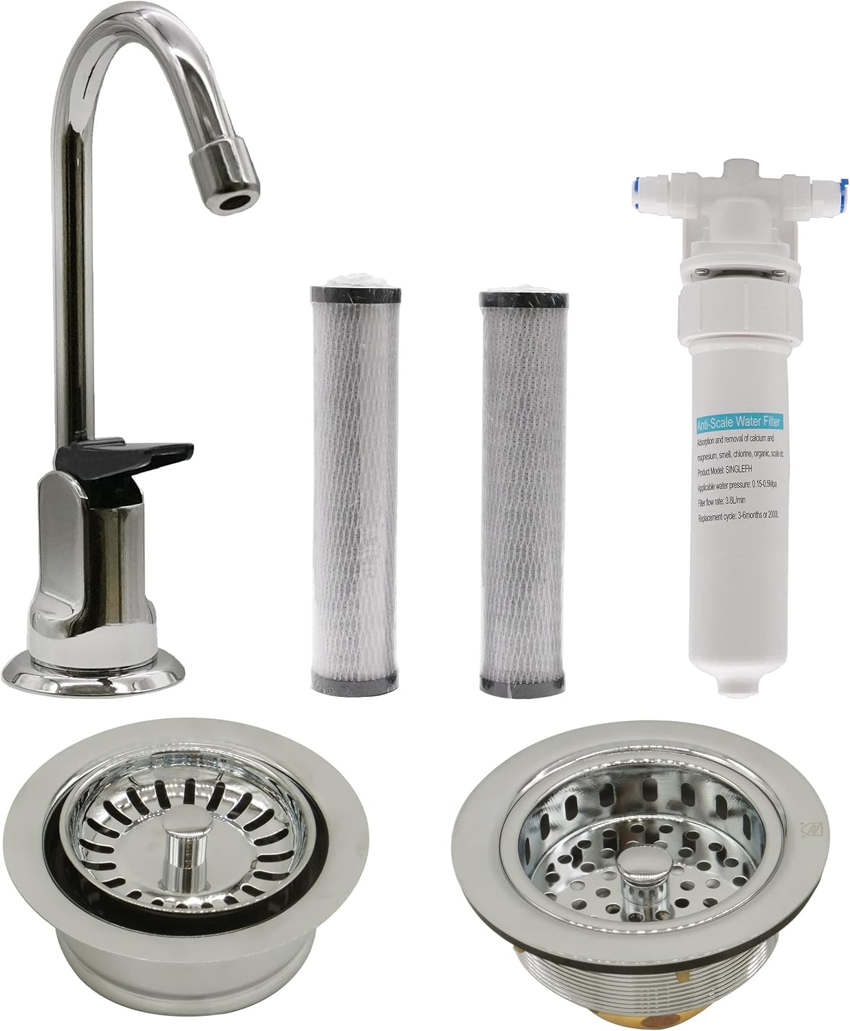 Westbrass CO132-05 6" Touch-Flo Style Pure Cold Water Dispenser Faucet Kit with Filter, 2-Pack Replacement Cartridges, Kitchen Sink Basket Strainer & Waste Disposal Trim Set, Polished Nickel