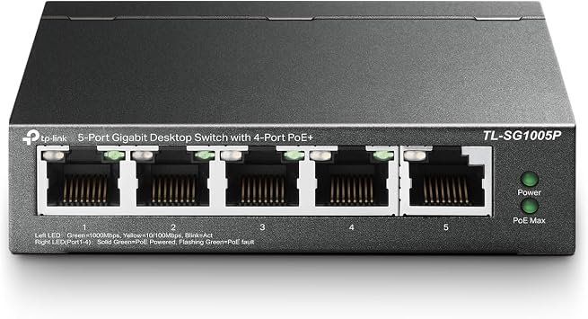 TP-Link TL-SG1005P, 5 Port Gigabit PoE Switch, 4 PoE+ Ports @65W, Desktop, Plug & Play, Sturdy Metal w/ Shielded Ports, Fanless, QoS & IGMP Snooping