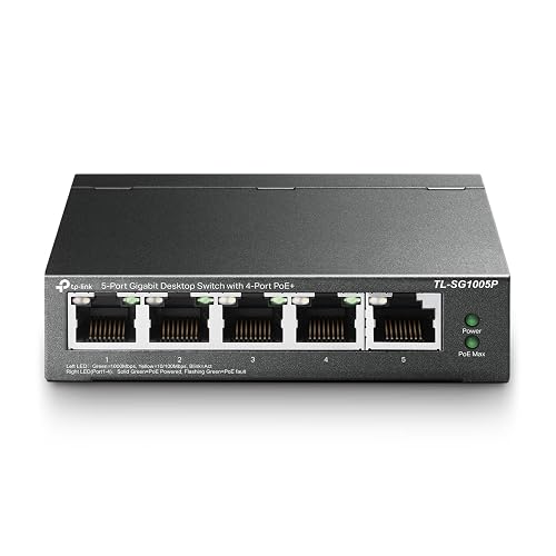 TP-Link TL-SG1005P, 5 Port Gigabit PoE Switch, 4 PoE+ Ports @65W, Desktop, Plug & Play, Sturdy Metal w/ Shielded Ports, Fanless, QoS & IGMP Snooping
