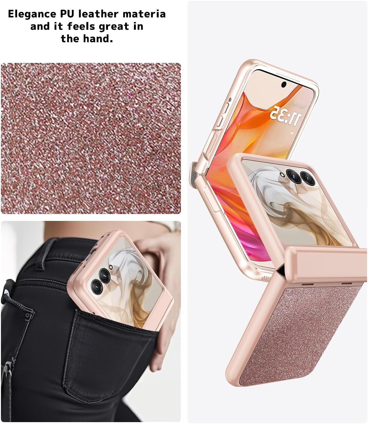 NINKI for Motorola Razr 2024/2025 Case with Hinge Cover and Screen Protector [Not fit Moto Razr+], Glitter Leather Matte PC Flip Phone Cover for Moto Razr 50/60 Case 2024 & 2025 - Rose Gold