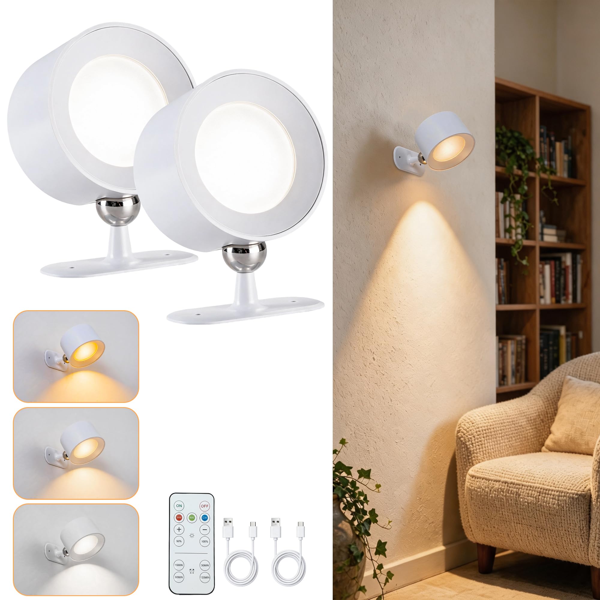 FTL Rechargeable Wall Lights LED Wall Sconce Touch Control 360 Rotation