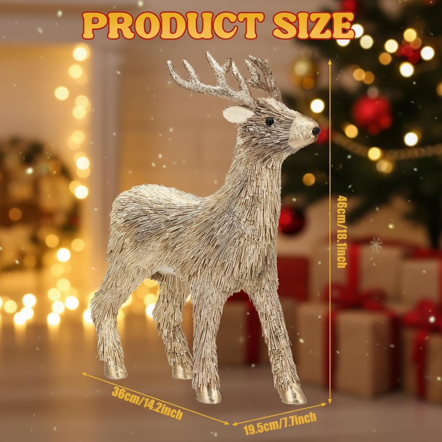 syhood christmas deer decor champagne standing reindeer decor 18" x 14" under the christmas handcrafted deer figurines elk statues gifts for home fireplace table holiday decorations