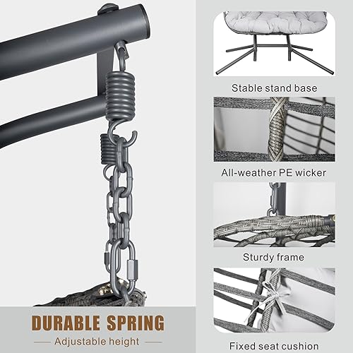 Miniatura 5 de Silla colgante doble con soporte, hamaca de patio con cojín para dormitorio, balcón, jardín, interior, exterior