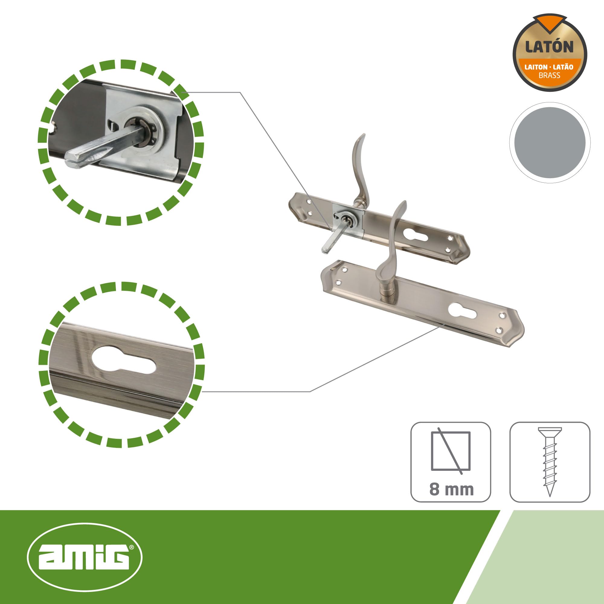 Amig - Deurklinkset met stalen plaat en zamak handgreep - Mat messing