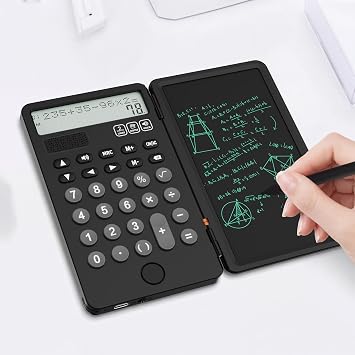 NEWYES Portable Basic Calculator with Notepad Writing Tablet,2 Line Display 12 Digits Large Display Rechargeable Solar Power for Primary and Middle School Students, Office (Black)