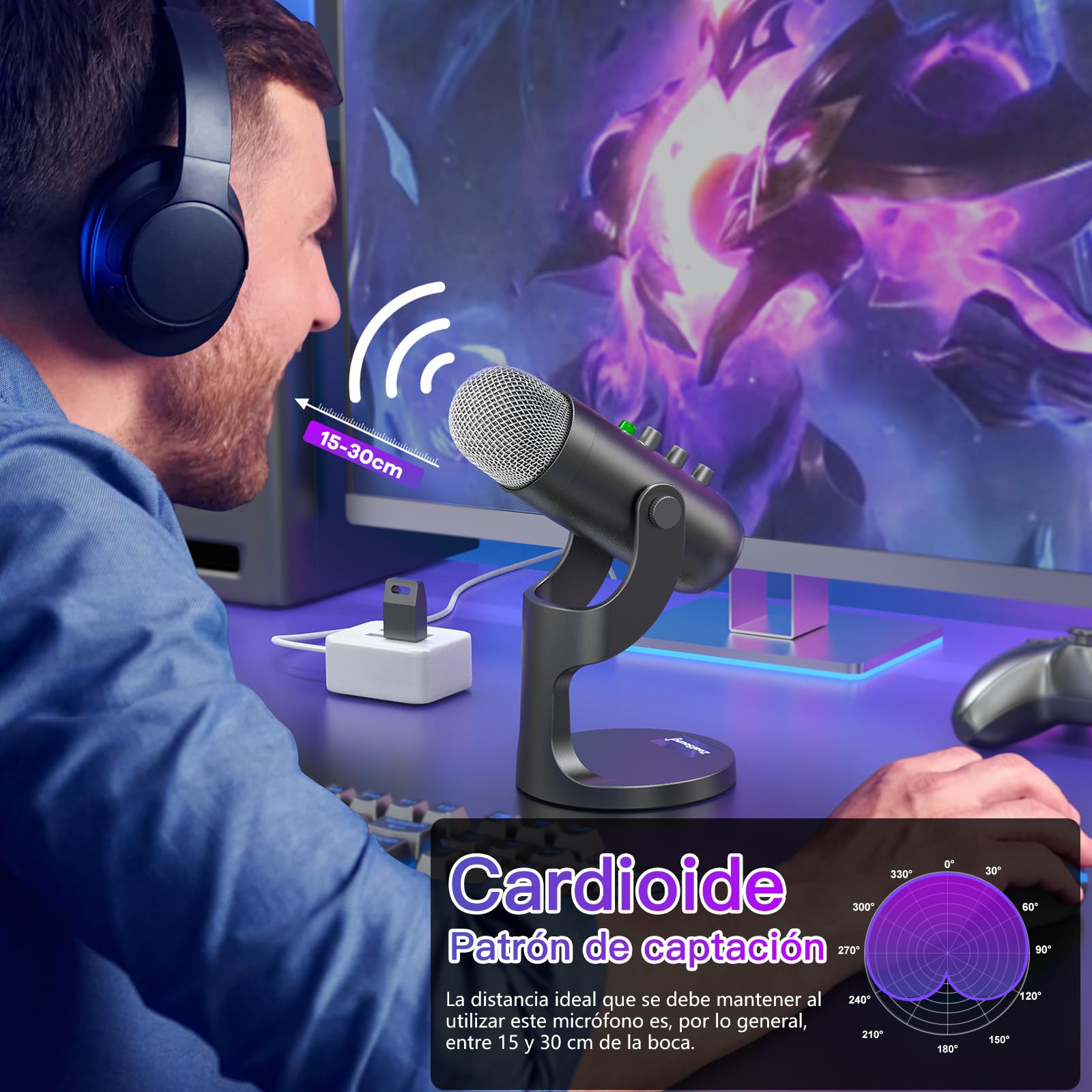 ZealSound Micrófono inalámbrico, micrófono USB para *Phone/PC/iPad/Android, micrófonos de Condensador de Escritorio con Monitor de Eco silenciado, Ganancia Bluetooth 2,4 GHz para Podcast, ASMR, Video