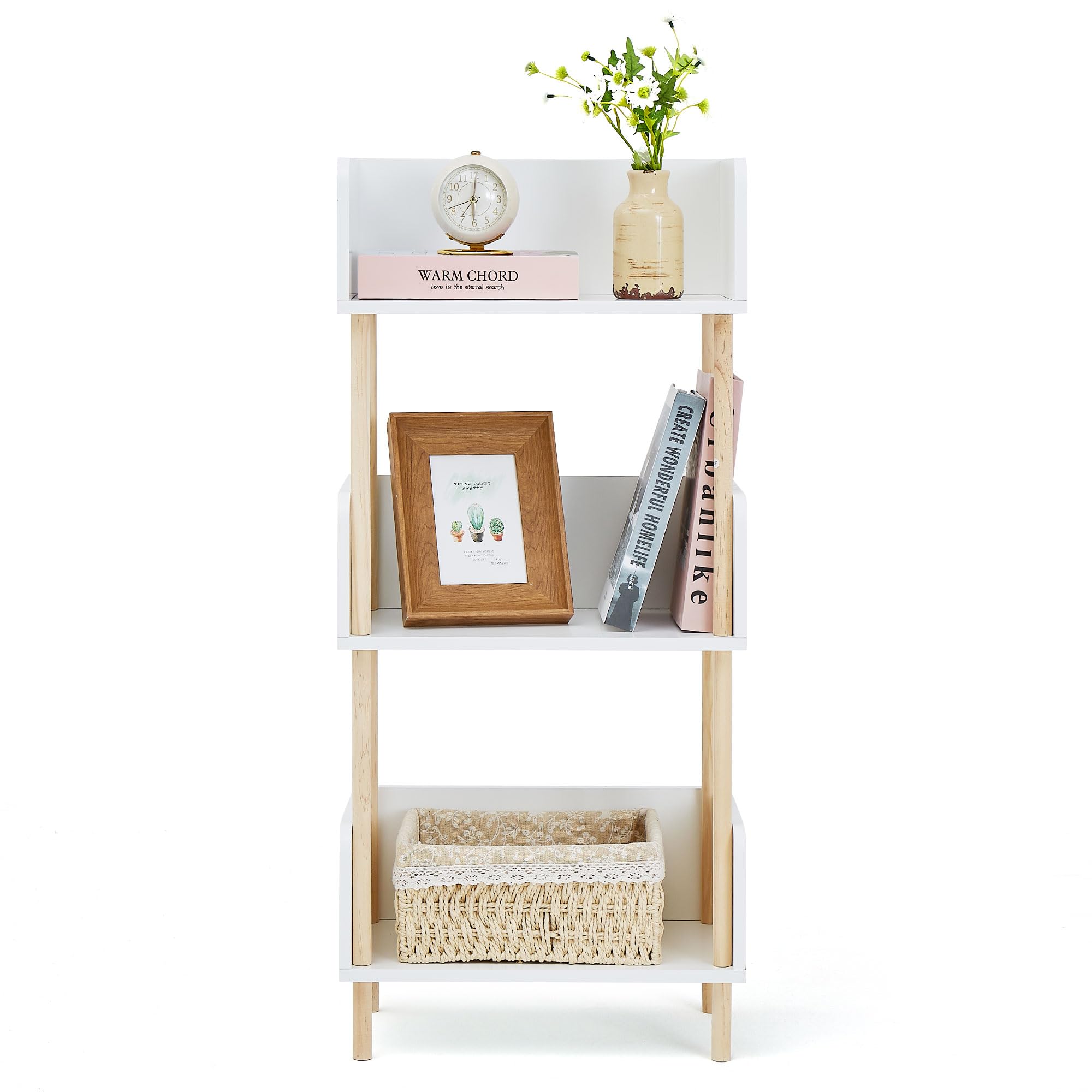 Estantería abierta de madera blanca, moderna estantería independiente con paneles laterales, protección de bordes y marco de madera maciza, estantes de almacenamiento de madera para 7