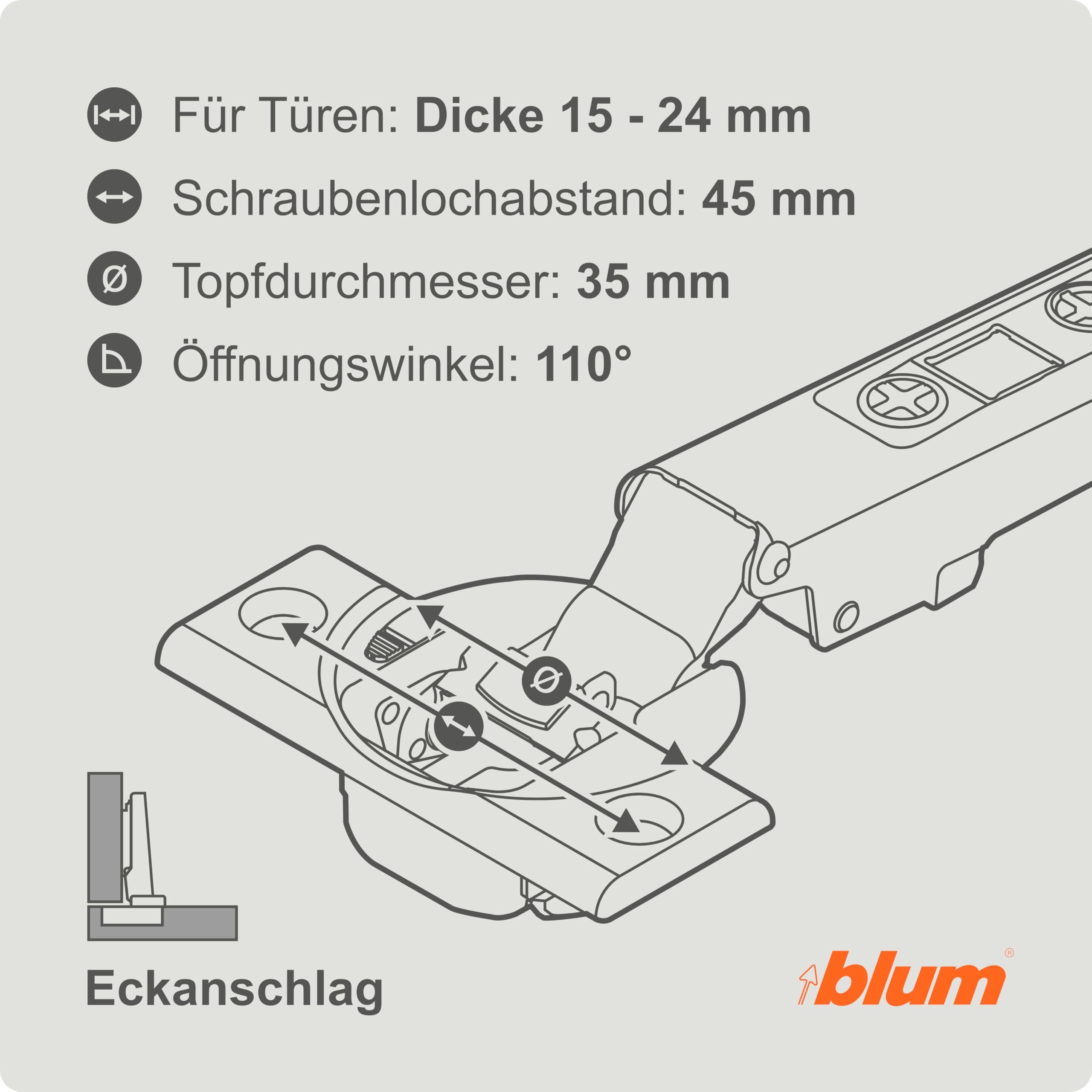 blum 2x zawias meblowy CLIP top BLUMOTION 110° I zawias puszkowy Soft-close 35 mm I prowadnik krzyżowy CLIP montowany oddzielnie, odstęp 0 mm | regulacja 3D frontu | Niklowany | nakładany