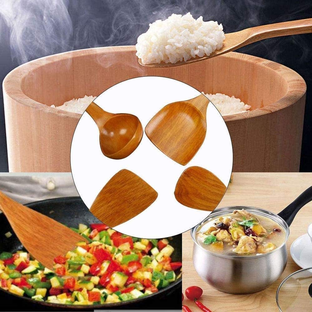 RWRAPS Antihaftbeschichtetes Geschirr-Besteck-Set aus Holz, Kochgeschirr, Gabel, Löffel, Messer-Set, Küchenutensilien mit langem Griff, Spatel, Flache Schaufel