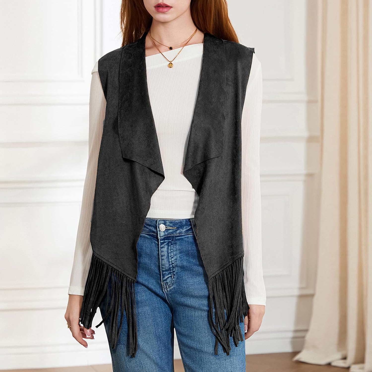 Women Tassel Vest 70s Hippie Costume Sleeveless Fringe Waistcoat Open Front Boho Western Outerwear