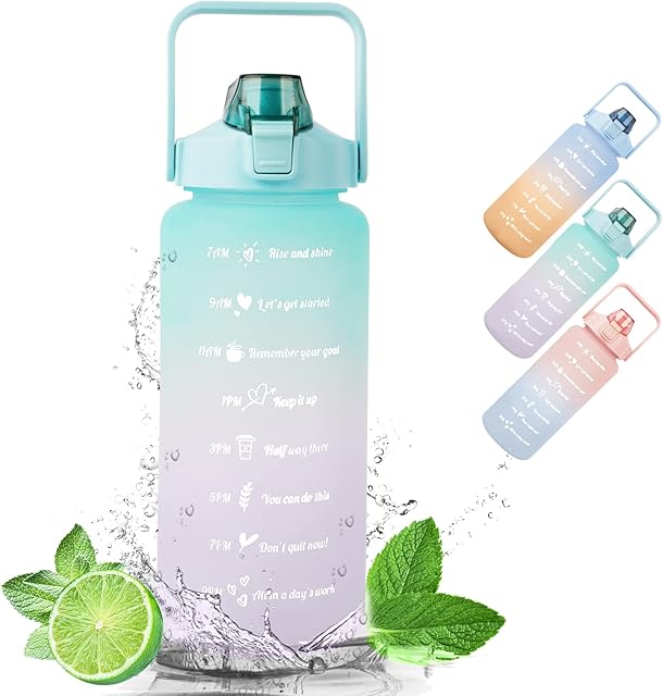 Water Bottle With Straw,2L Measured Plastic Drinking BPA Free Non-Toxic Sports Drinks Time Markings Motivational Fitness