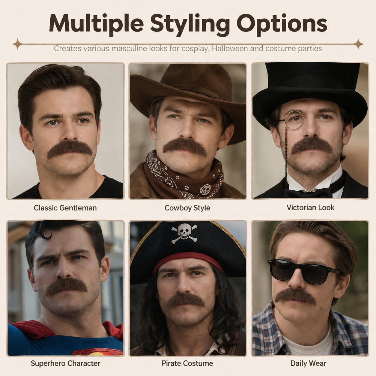 Fake Beard and Mustache Set, Facial Hair Adults Men for Costumes, Halloween, Drama Party Movie Makeup (Brown) image 4