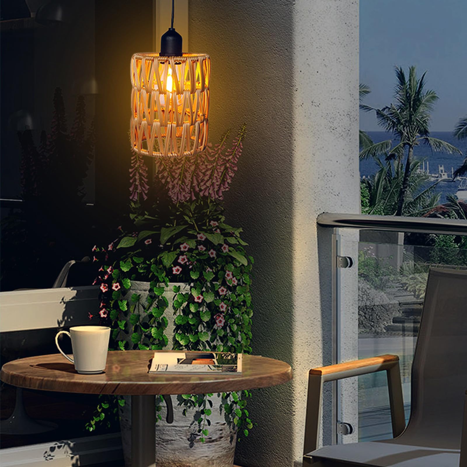 2 lámparas colgantes de ratán con batería, lámpara con pantalla de ratán y mando a distancia, resistente al agua, estilo bohemio, sin electricidad, para interior y exterior, jardín, balcón