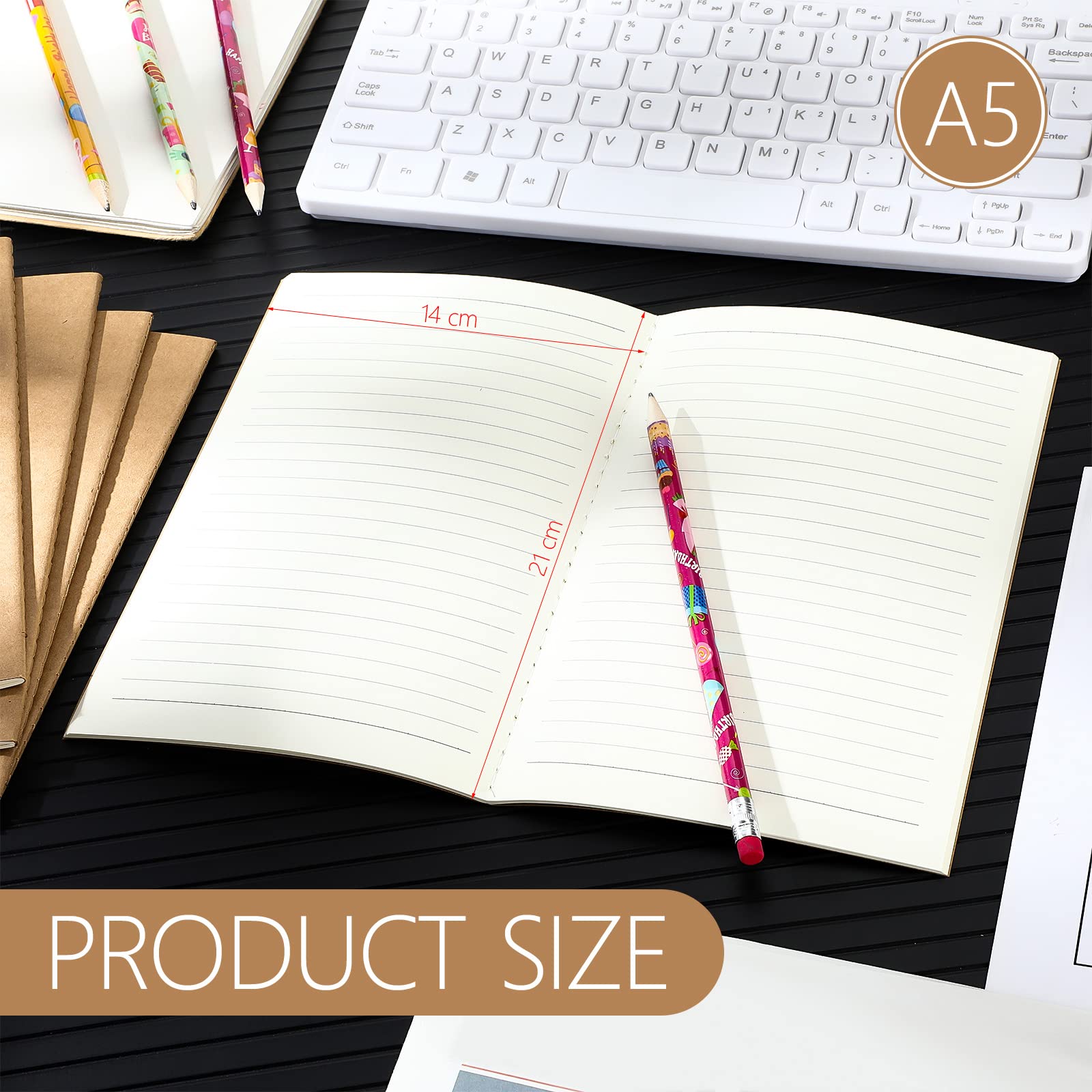 Tenare 16 Pcs Blank Cover A5 Lined Notebook 60 Pages/ 30 Sheets Notepads School Multipack Travel Journal Notebook for Student Diary Memo Office Supplies 8.27 x 5.51''(Kraft Brown) - Image 2