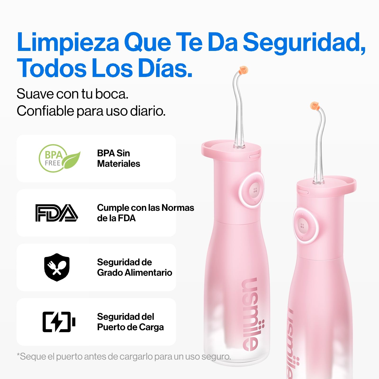 usmile C30 Irrigador Dental Portátil Inalámbrico, Depósito de 300 ml, 5 Niveles de Presión, Boquillas para Ortodoncia e Invisalign, Recargable USB-C, IPX7 Impermeable, Rosa