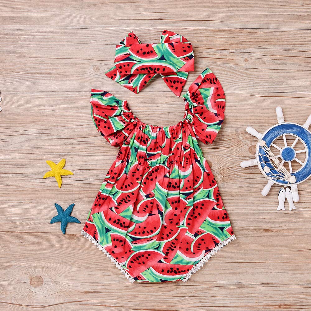 Kodaruber Baby Girls Playsuits Ruffled Bodysuit+Headband Watermelon Print Sleeveless Romper Jumpsuit Toddler Summer Clothes(Red,12-18 Months)
