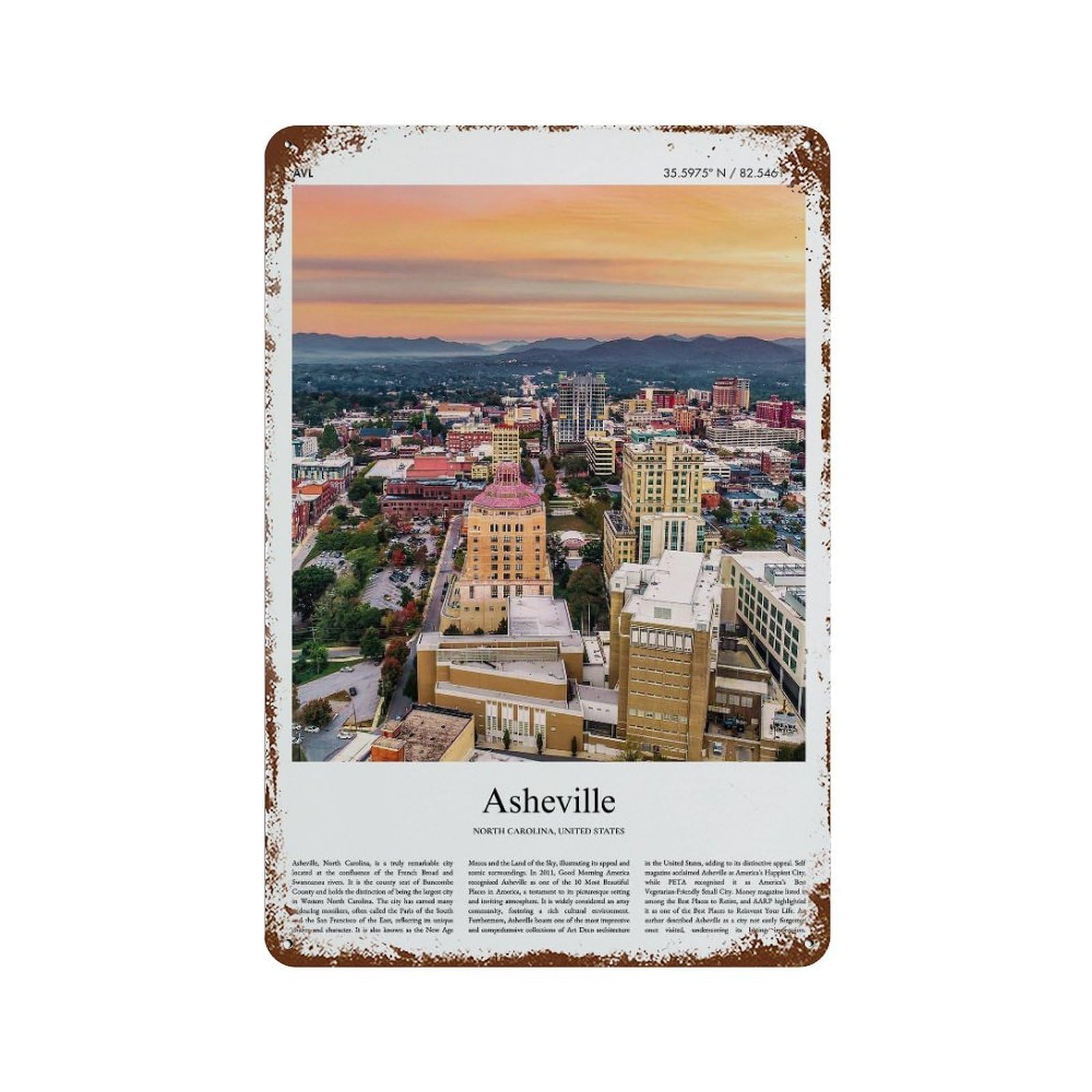 xiaoxiaoshen Asheville North Carolina, United States, USA City Scenery Wall Decor Art Metal Tin Poster Modern Home Decor Art Home Bar Shop Decorations Vintage Sign 30x20cm