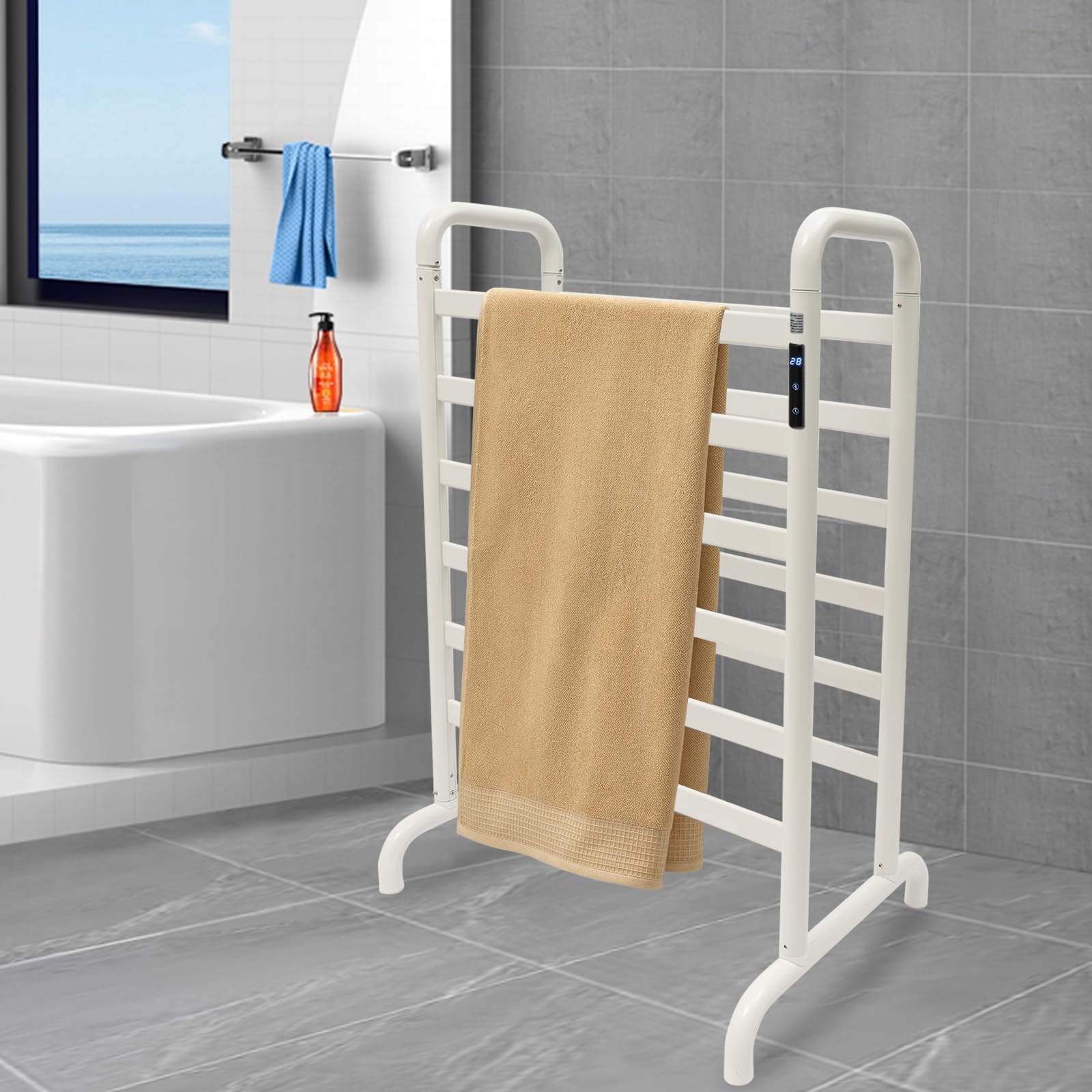 Badheizkörper, Heizkörper Bad, 45-60℃ Handtuchheizkörper, 180W Badheizkörper Handtuchhalter, Handtuchtrockner mit Digitalem Thermostat mit Timer und Heizstab, 60 * 43 * 90.5cm