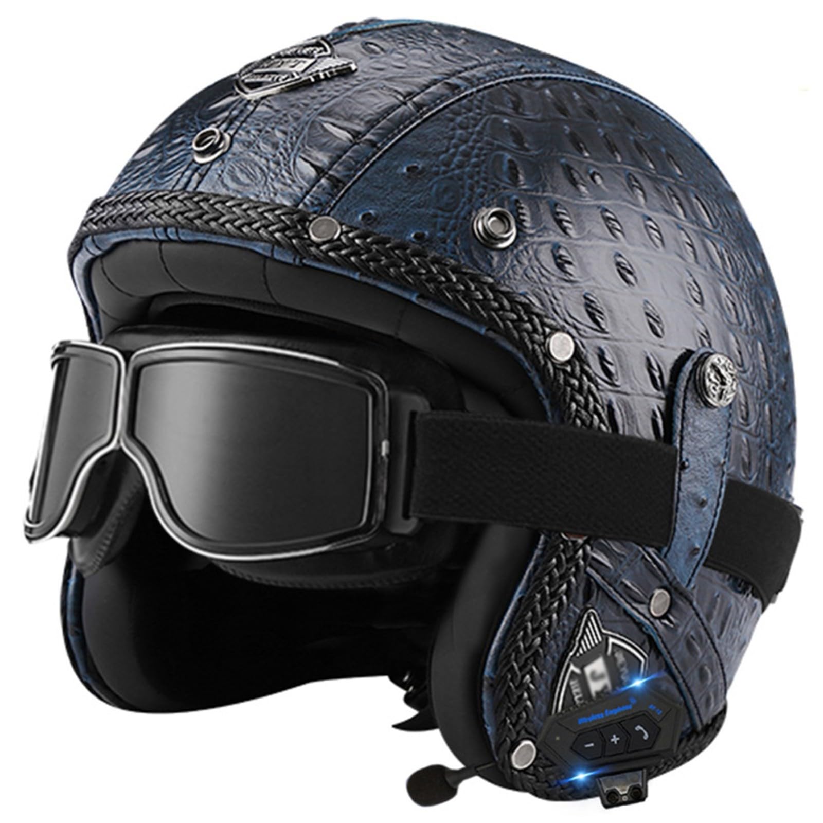Motorbike Open Face Bluetooth Helmet Retro Jet Motorcycle Leather Helmet Adult Half Helmet with Fashion Goggles ECE Approved Men's and women's 3/4 helmets Moped Scooter