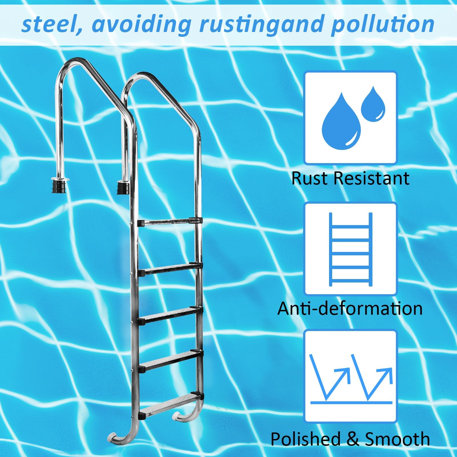 Escalera de piscina enterrada, acero inoxidable de 2 a 5 escalones con pasamanos, escalera mecánica de piscina resistente, peldaños antideslizantes, resistente a la corrosión, fácil montaje