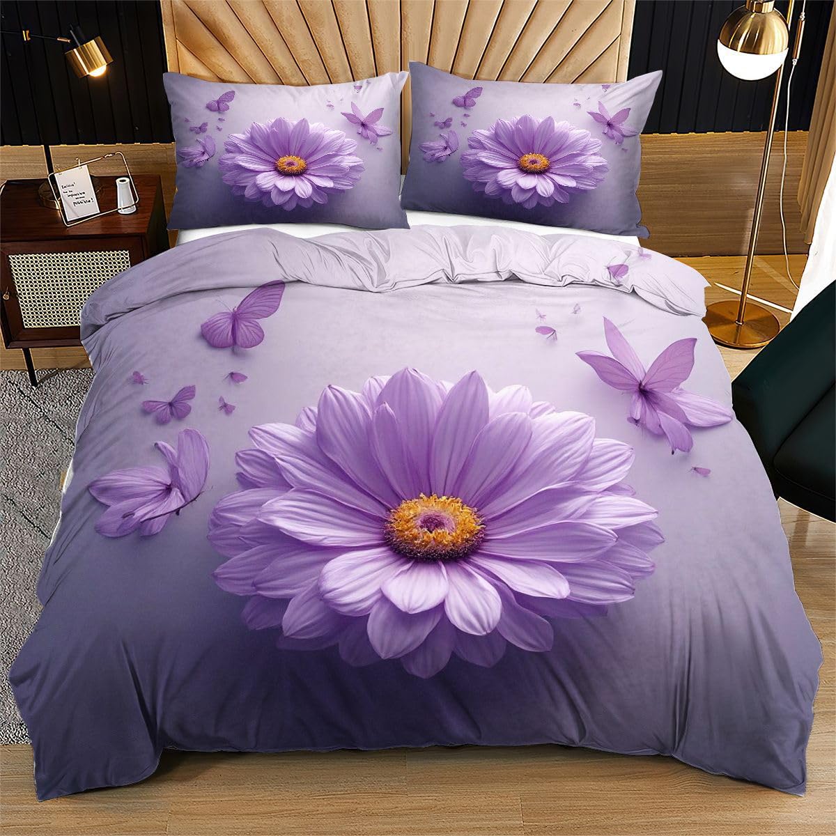 Funda nórdica de loto morado antiarrugas para olvidarse de la plancha en la cama