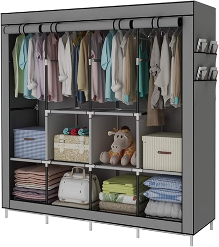 Organizador portátil de almacenamiento de ropa con 4 rieles colgantes, color gris