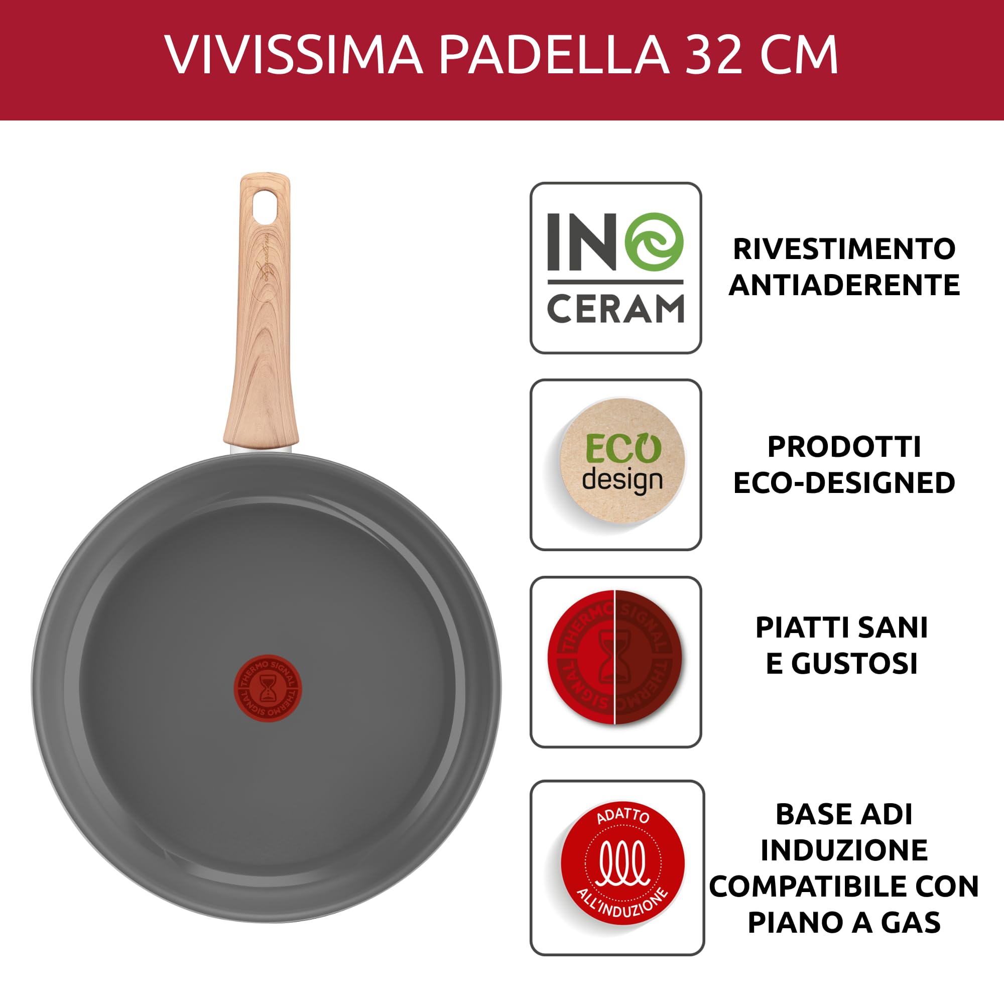 Lagostina Vivissima, Padella Antiaderente 32 cm con Manico Lungo, Rivestimento in Ceramica, Riscaldamento Rapido e Cottura Uniforme, Adatto a Tutte le Fonti di Calore Inclusa Induzione