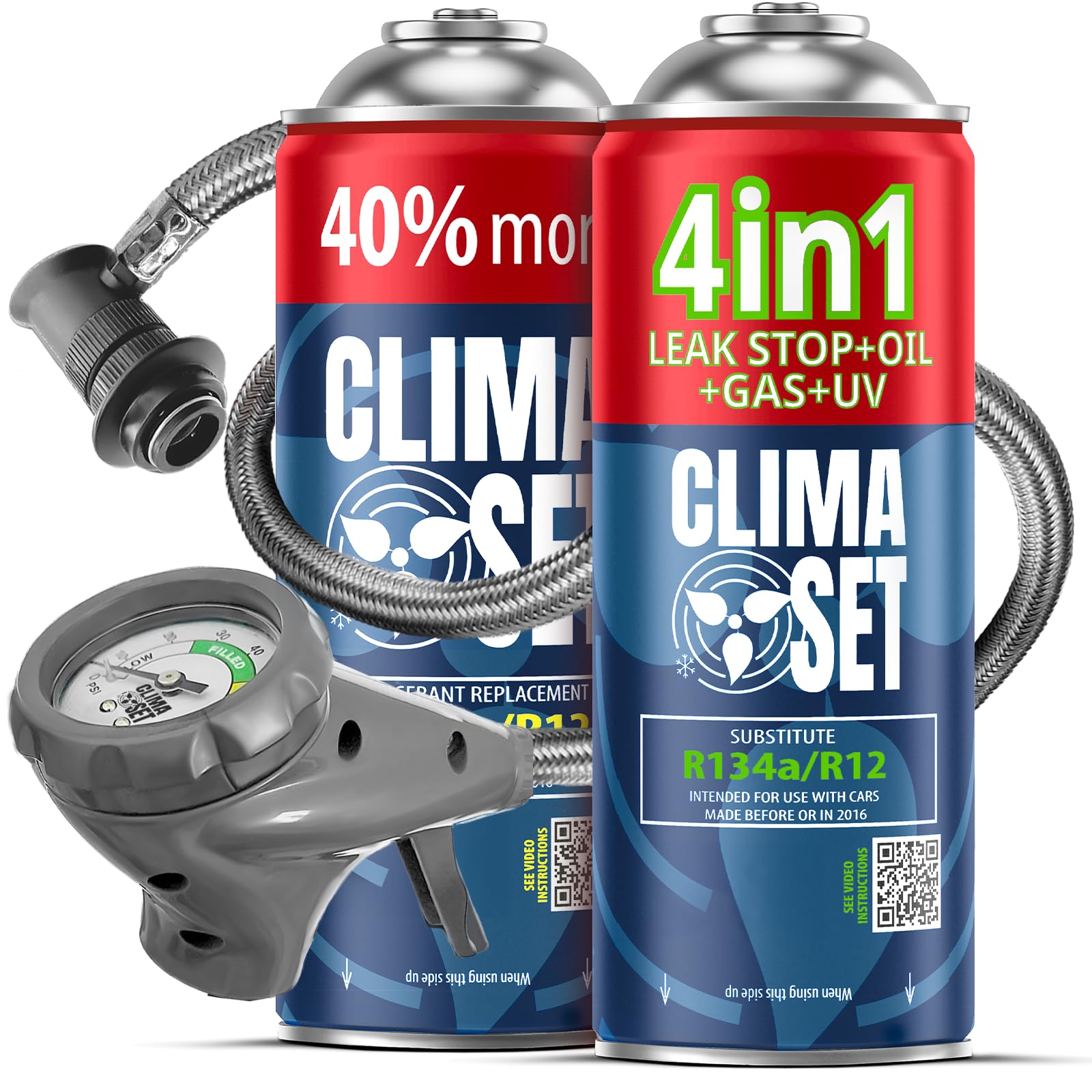 CLIMASET - Kit de Recarga de Aire Acondicionado para Coche - 3 en 1 sustituto R134a + 4 en 1 sustituto R134a + Manguera - para vehículos de 1994 a 2016, Manguera Moderna y fácil de Usar, manómetro