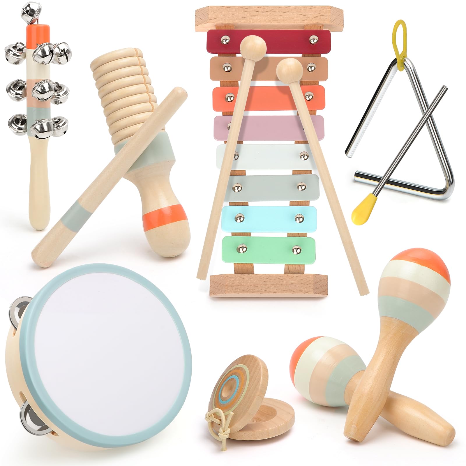 Set De 9 Instrumentos Musicales De Madera Para Niños – Pandereta, Maracas, Piano De 8 Notas Y Más – Juguete Montessori 3+ Años