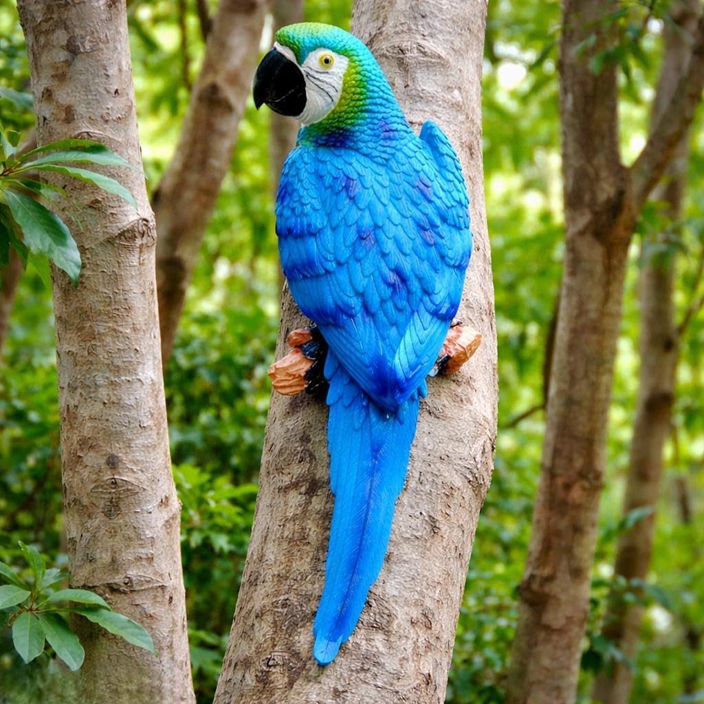 Realistic Blue and Green Macaw Parrot Figurine, Tree Hugger Sculpture, Garden Decor-image-11